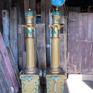 Pair of 6’ 8” Tall Antique Masonic Lodge Pillars Wood With Plaster Ornaments and Fluted Columns Needs New Globes Rare Find