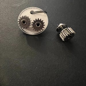 gear earrings and tiny pin