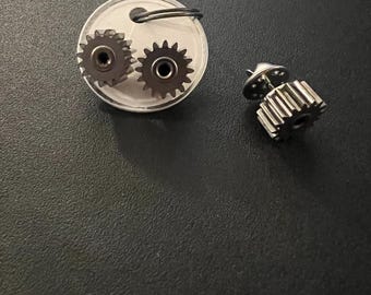 gear earrings and tiny pin