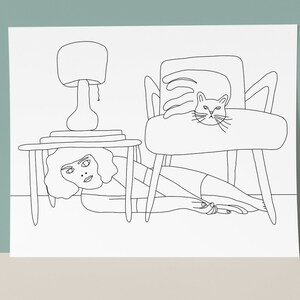 8x10 "Cartoon Cat Print, Cat Lover Gift, Zwart-wit kunst, Kunst aan de muur