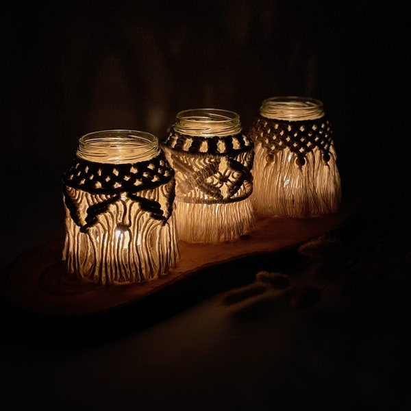 Macramé Windlicht | Teelichthalter | Kerzenhalter | Glasüberzug Crème