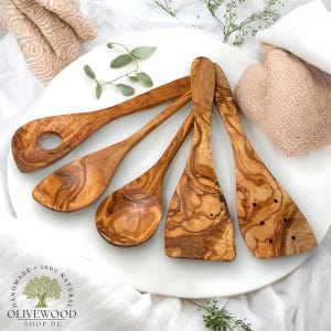 Kochbesteck | Küchenhelfer |Küchenutensilien | Kochlöffel | Risotto-Löffel | Pfannenwender 5 tlg. Set 30 cm aus Olivenholz