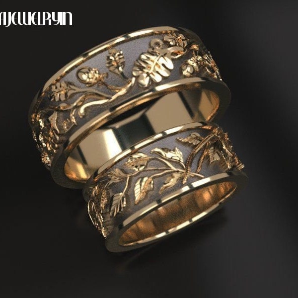Silver couple ring set Oak wedding rings set nature wedding bands for couple promise ring for him filigree wedding band leaf wedding band.
