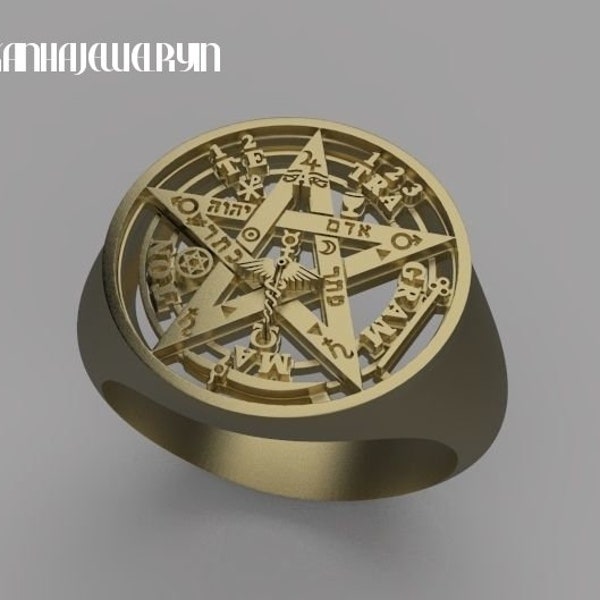 925 Anillo de Tetragrámaton hecho a mano de plata, Sigil de Protección y Hexagrama del Anillo de Salomón, Joyería de Protección de Anillo Mágico Pentagram Regalo para