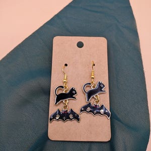 Charm Earrings, Cat and Bat Charm Earrings, Halloween, Spooky Jewelry, Fun Unique Earrings