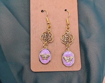 Charm Earrings, Gold Butterfly Rose Earrings , Elegant Jewelry, Gift Ideas for her, Valentines Day Gift