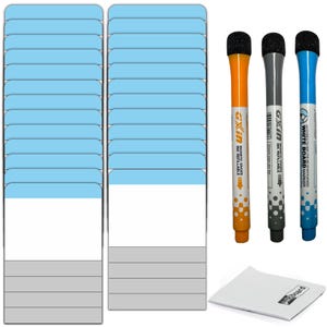 May include: A set of whiteboards, white board markers, and a whiteboard eraser. The whiteboards have a light blue top section, a white middle section, and a gray bottom section. The markers are orange, gray, and blue.