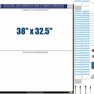 May include: A white board with the text "38" x 32.5"" in blue. The board is divided into two sections, labeled "Current Value-Stream Mapping" and "Future Value-Stream Mapping". Additional accessories include blue and white strips, markers, and colored magnets.