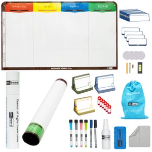 4 Kolom Magnetisch Kanban Board, Magnetic Scrum Board, Flexible Agile Board Sets. 64 volledig magnetische kanban kaarten set en accessoires inbegrepen