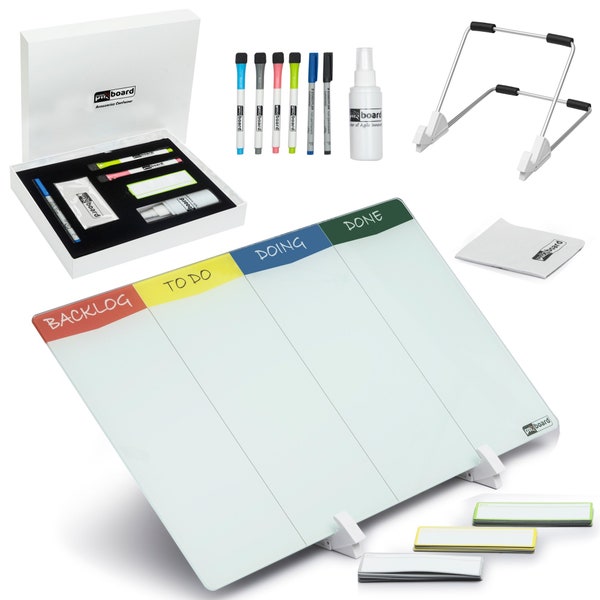 Double Sided Desktop Kanban Board and Desktop WhiteBoard Full Toolset. 24 Reusable Kanban Cards, 4 Board Markers,2 Card Markers, Accessories