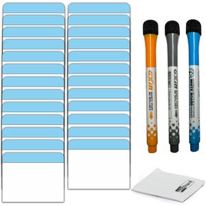 May include: A collection of white board supplies, including blue and white labels, and three magnetic dry erase markers in orange, gray, and blue. A white cleaning cloth with a logo is also included. The markers have the text "GXin" and "Ink Refillable".