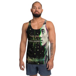May include: Black tank top with a graphic of a man's face in a glitch effect. The words "Broken goods" are printed on the front, along with lines of code. The model is wearing blue shorts.