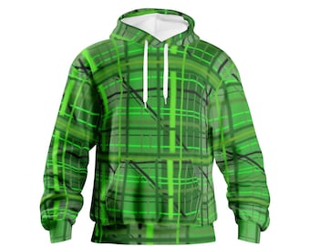 May include: Green hooded sweatshirt with a geometric pattern of intersecting lines in shades of green.