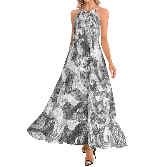 Boho Butterfly Print Halter Maxi Dress with Ruffle Hem - Summer Wedding Beach Party Vacation Sleeveless A-Line Dress Boho Butterfly Print Halter Maxi Dress with Ruffle Hem - Summer Wedding Beach Party Vacation Sleeveless A-Line Dress
