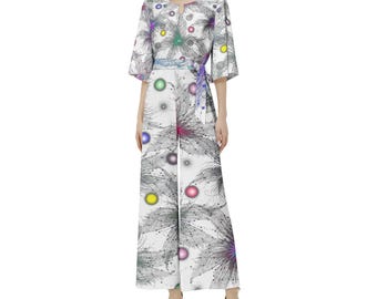 Boho Chic Floral Jumpsuit with Dolman Sleeve & Wide Leg Pants - Stylish - Comfortable Summer Outfit for Women - Breathable Fabric with Belt