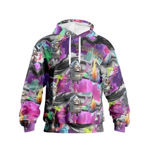 May include: A hooded sweatshirt with a colourful all-over print. The design features cartoon robots, swirling purple, pink, and green colours, and the text "Boksngoods" in gold. The sweatshirt has a white drawstring and a kangaroo pocket.