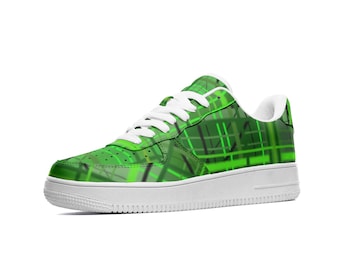Elegantes zapatillas de cuero con tiras verdes brillantes: diseño unisex de caña baja con cuero de primera calidad y ajuste cómodo.