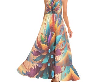 Puede incluir: Un vestido maxi largo y fluido con escote halter y estampado floral abstracto de colores. El vestido presenta una variedad de colores, incluyendo azul, morado, naranja y amarillo.