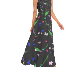 Vestido longo floral de chiffon com decote halter e barra franzida, modelagem evasê.