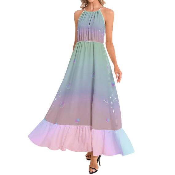 rainbow halter maxi dress Rainbow Kaleidoscope Halter Maxi Dress XS