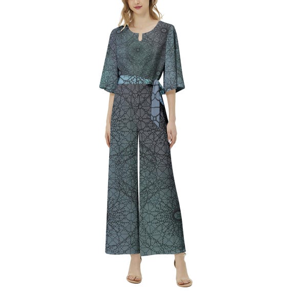 Chic Diamond Pattern Dolman Sleeve Jumpsuit with Wide Leg Pants - Trendy Women's Outfit for Summer Fashion - Belted Style with Elegant