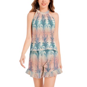 Soft Gradient Floral Pattern-Tie Neck Halter Top and Ruffle Hem Short Set