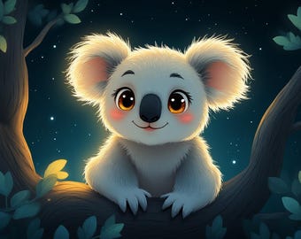 Puede incluir: Un lindo koala de dibujos animados con pelaje blanco y esponjoso, ojos marrones grandes y mejillas rosadas está sentado en una rama de árbol. El fondo es un cielo nocturno azul oscuro con estrellas y hojas verdes. El koala está sonriendo.