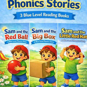 Pode incluir: Um conjunto de três livros infantis intitulados "Sam's Early Phonics Stories". Cada capa apresenta um menino de desenho animado com boné vermelho e camisa verde. Os títulos são "Sam and the Red Ball", "Sam and the Big Box" e "Sam and the Little Red Hat".