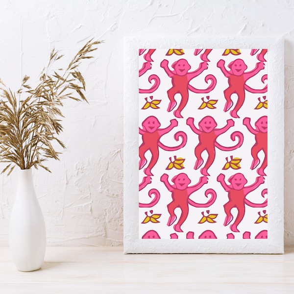 Preppy pink monkey, digital download, preppy print, wall art, PDF, instant download