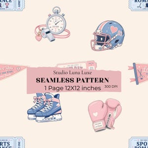 Coquette Sports Romance Seamless Pattern, Hockey Romance Digital Paper, BookTok Reader Fabric Print