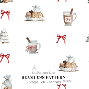 Patrón sin costuras de galletas de cacao navideñas, papel digital neutro para repostería navideña, lazo rojo