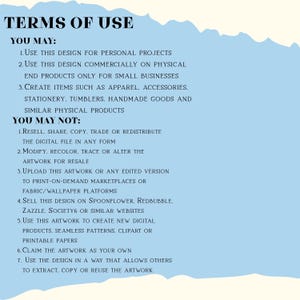 May include: A light blue digital document with a torn paper edge effect displaying black text titled TERMS OF USE. It outlines permissions for personal and small business physical product use, while strictly prohibiting digital resale or redistribution.