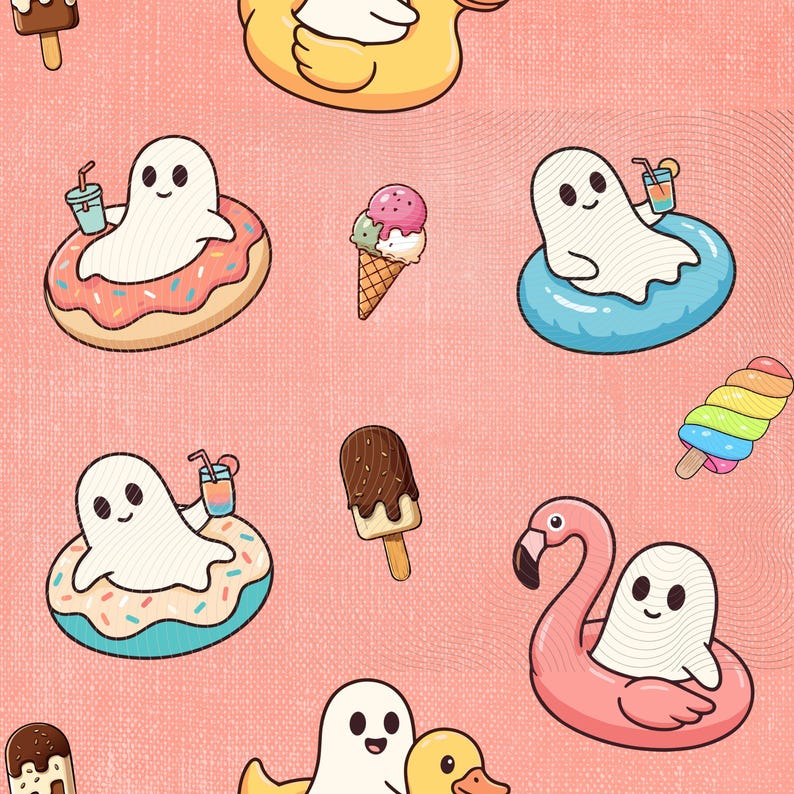 May include: A repeating pattern on a light pink background featuring white ghosts floating in colorful pool floats, including a donut, a blue ring, and a pink flamingo. The design also includes ice cream cones, popsicles, and small drinks.