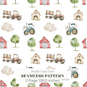 Watercolor Farm Nursery Seamless Pattern, Tractor Barn Country Kids Design, Nursery Wallpaper