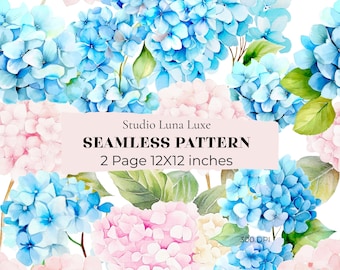 May include: A seamless pattern featuring watercolor illustrations of blue and pink hydrangea flowers with green leaves. A central rectangular overlay displays the text: Studio Luna Luxe SEAMLESS PATTERN 2 Page 12X12 inches 300 DPI.