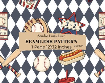 Retro Sports Harlequin Pattern, Patriotic Baseball Digital Paper