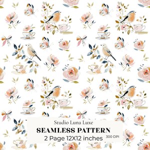 Op de afbeelding: Een naadloos patroon met aquarelillustraties van vogels, vlinders, theekopjes, theepotten en roze bloemen op een witte achtergrond. De tekst luidt: Studio Luna Luxe SEAMLESS PATTERN 2 Page 12X12 inches 300 DPI.