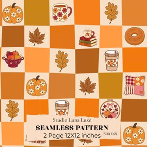 May include: A seamless pattern featuring a checkered background in shades of orange, yellow, and cream. The design includes illustrations of pumpkins with white flowers, mugs, books, leaves, apples in a bowl, a donut, a coffee cup, and a pillow.