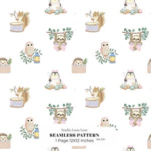 Op de afbeelding: Een naadloos patroon met aquarelillustraties van een eekhoorn met een trommel, een luiaard aan een tak, een uil met een lantaarn, een egel in een doos en een pinguïn, met de tekst Studio Luna Luxe SEAMLESS PATTERN 1 Page 12X12 inches 300 DPI.