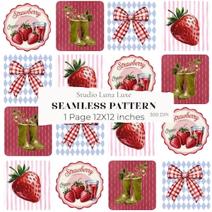Può includere: Un motivo senza cuciture con illustrazioni ad acquerello di fragole, fiocchi e stivali di gomma verdi. Il design include il testo "Strawberry Organic" e "Studio Luna Luxe SEAMLESS PATTERN 1 Page 12X12 inches 300 DPI". Il motivo è su uno sfondo rosso e bianco.