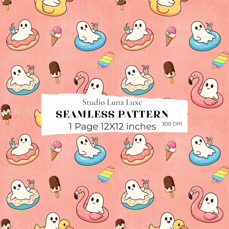 May include: A seamless pattern on a coral background featuring white ghosts in blue and pink pool floats, ice cream cones, popsicles, and rubber ducks. A white label reads Studio Luna Luxe SEAMLESS PATTERN 1 Page 12X12 inches 300 DPI.