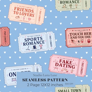 Op de afbeelding: Een naadloos patroon op een lichtblauwe achtergrond met witte hartjes, voorzien van diverse rechthoekige liefdesbonnen. De tekst bevat Friends to Lovers, Sports Romance, Touch Her and You Die, Fake Dating en One Bed. Elk ticket vermeldt Admit One.