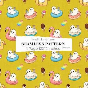 Patrón sin costuras de fantasmas de verano, diseño kawaii de Halloween