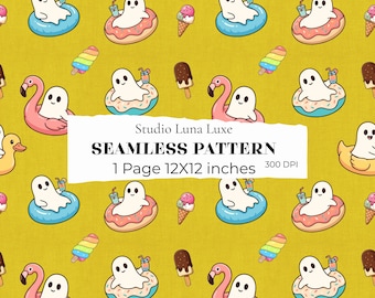 Summer Ghost Seamless Pattern, Halloween Kawaii Design