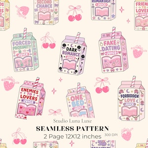 May include: A seamless pattern featuring illustrated juice cartons labeled with romance tropes like Forced Proximity, Dark Romance, Fake Dating, Enemies to Lovers, One Bed, and Forbidden Love, interspersed with pink cherries, strawberries, and bows.
