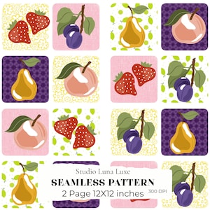 May include: A grid of square tiles featuring illustrations of strawberries, plums, pears, and peaches on various patterned backgrounds. The text Studio Luna Luxe SEAMLESS PATTERN 2 Page 12x12 inches 300 DPI is centred at the bottom of the image.