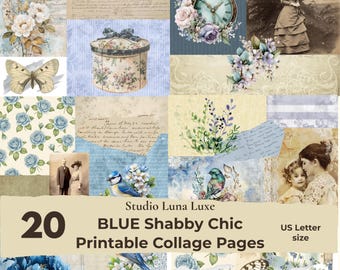 Luna Luxe – Blue Shabby Chic Junk Journal Pages, Vintage Floral Tea Collage Papers