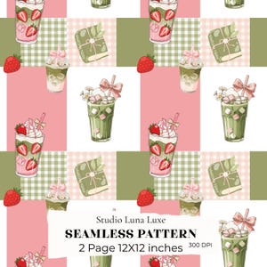 Puede incluir: Un patrón digital sin costuras que presenta ilustraciones de bebidas de leche de fresa, lattes de matcha con lazos rosas y libros verdes etiquetados como Matcha Note, sobre un fondo a cuadros de cuadrados rosas, blancos y verde oliva.