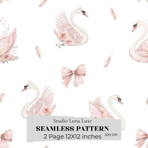 Puede incluir: Un patrón continuo con ilustraciones en acuarela de cisnes rosa pálido con pequeñas coronas, acentuado con flores rosas suaves, plumas delicadas y lazos sobre un fondo blanco. El texto dice: Studio Luna Luxe SEAMLESS PATTERN 2 Page 12X12 inches 300 DPI.
