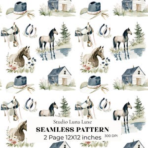Può includere: Un motivo continuo con illustrazioni ad acquerello di cappelli da cowboy, fienili, cavalli, selle e ferri di cavallo su sfondo bianco. Il testo Studio Luna Luxe SEAMLESS PATTERN 2 Page 12X12 inches 300 DPI è centrato in basso.